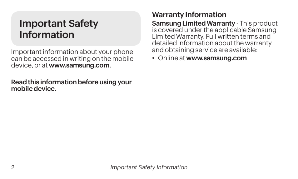 Important safety information | Samsung SM-T237PZWASPR User Manual | Page 2 / 99