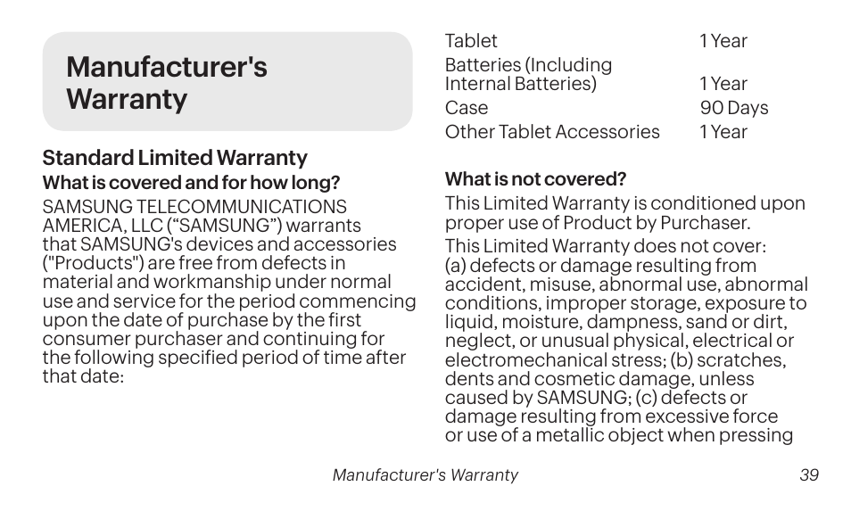 Manufacturer's warranty | Samsung SM-T237PZWASPR User Manual | Page 39 / 99