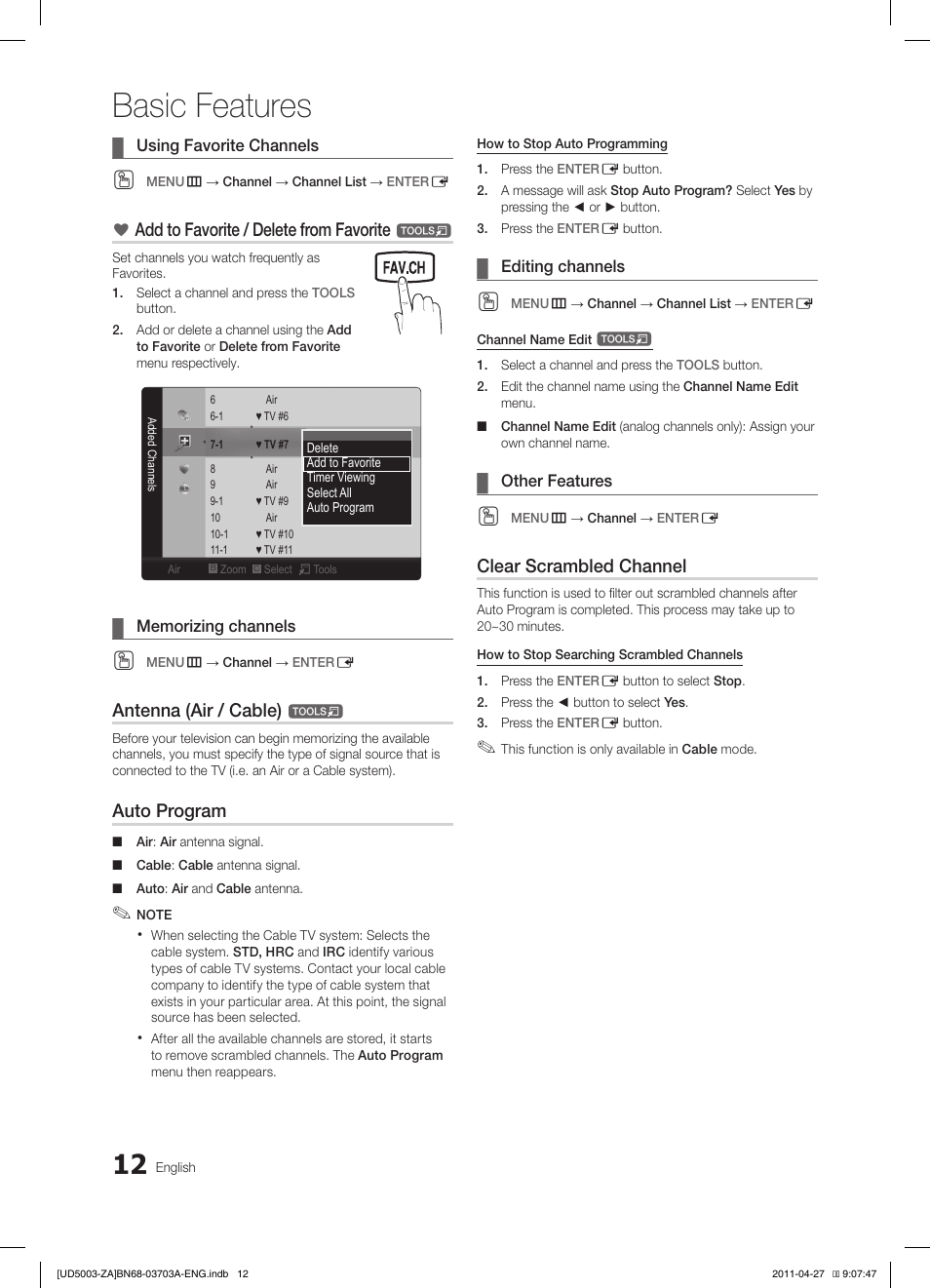 Basic features, Add to favorite / delete from favorite, Antenna (air / cable) | Auto program, Clear scrambled channel | Samsung LN32D403E2DXZA User Manual | Page 12 / 35