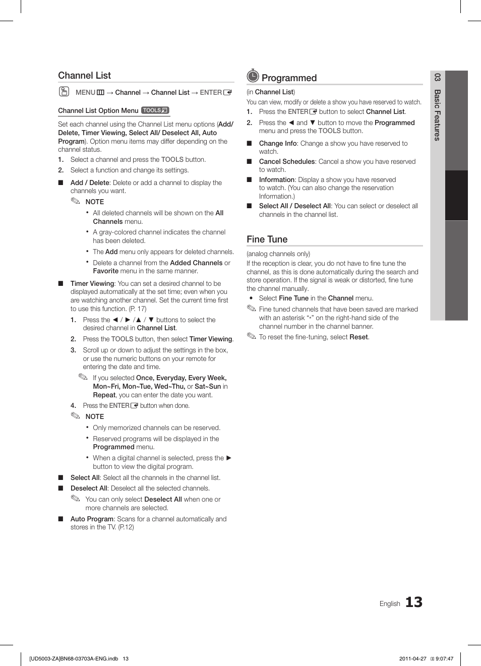 Channel list, Programmed, Fine tune | Samsung LN32D403E2DXZA User Manual | Page 13 / 35