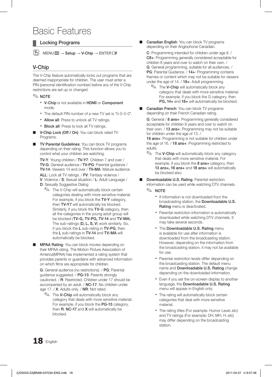 Basic features | Samsung LN32D403E2DXZA User Manual | Page 18 / 35