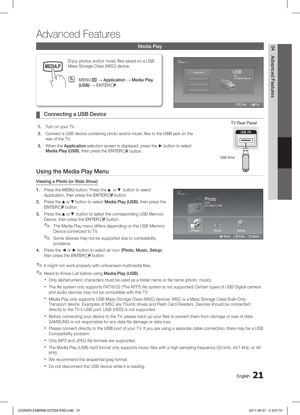 Advanced features, Using the media play menu, Connecting a usb device | Media.p, 03 basic featur es, 04 advanced featur es media play, Photo, Music, Power | Samsung LN32D403E2DXZA User Manual | Page 21 / 35