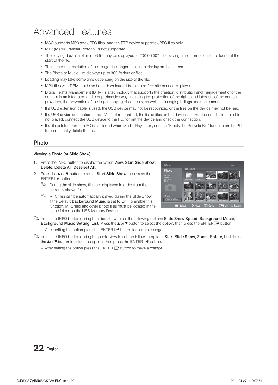 Advanced features, Photo, Music | Samsung LN32D403E2DXZA User Manual | Page 22 / 35