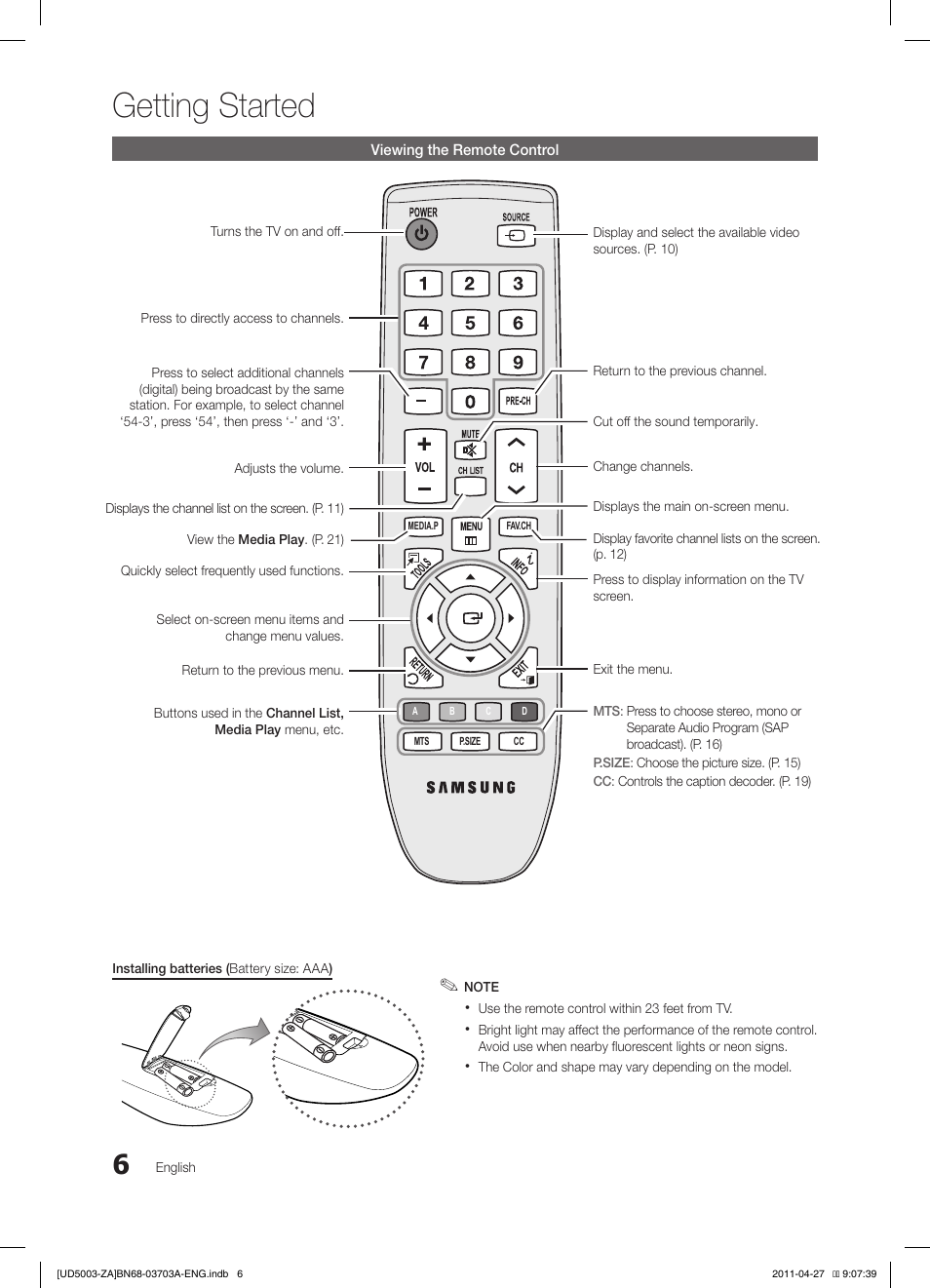 Getting started | Samsung LN32D403E2DXZA User Manual | Page 6 / 35