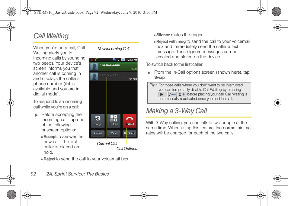 Call waiting, Making a 3-way call | Samsung SPH-M810HAASPR User Manual | Page 104 / 157