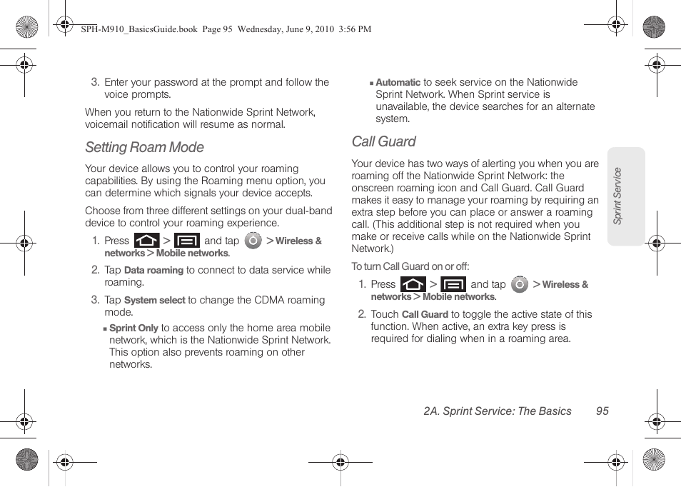 Setting roam mode, Call guard, Call guard” on | Samsung SPH-M810HAASPR User Manual | Page 107 / 157