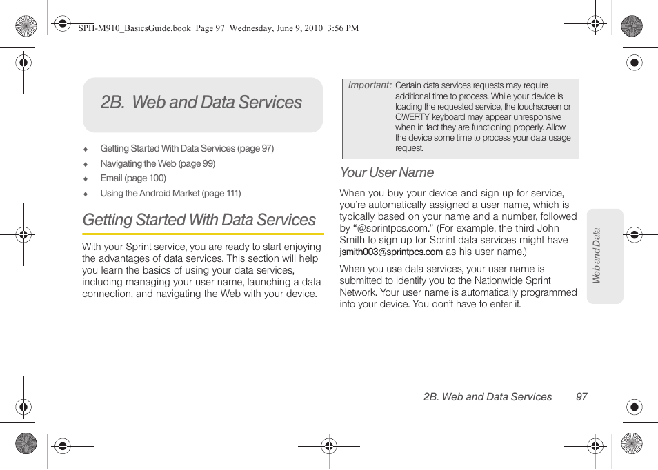 2b. web and data services, Getting started with data services, Your user name | Samsung SPH-M810HAASPR User Manual | Page 109 / 157