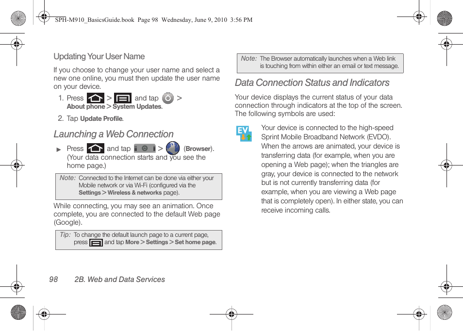 Launching a web connection, Data connection status and indicators | Samsung SPH-M810HAASPR User Manual | Page 110 / 157