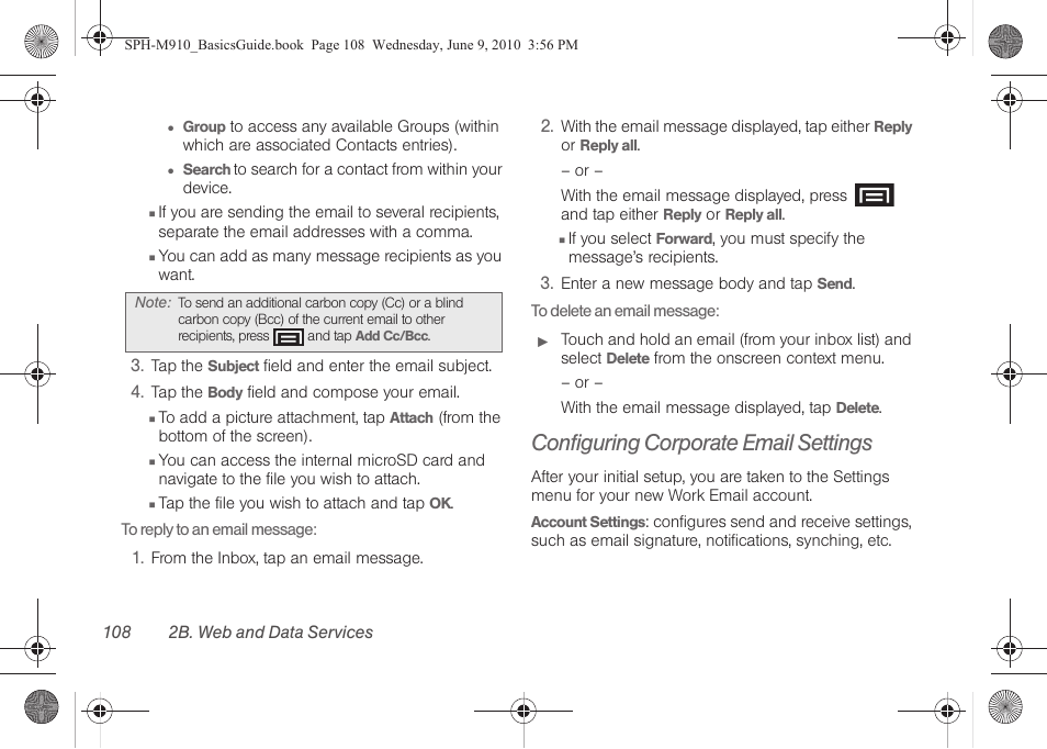 Configuring corporate email settings | Samsung SPH-M810HAASPR User Manual | Page 120 / 157