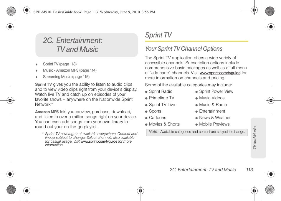 2c. entertainment: tv and music, Sprint tv, Your sprint tv channel options | Samsung SPH-M810HAASPR User Manual | Page 125 / 157