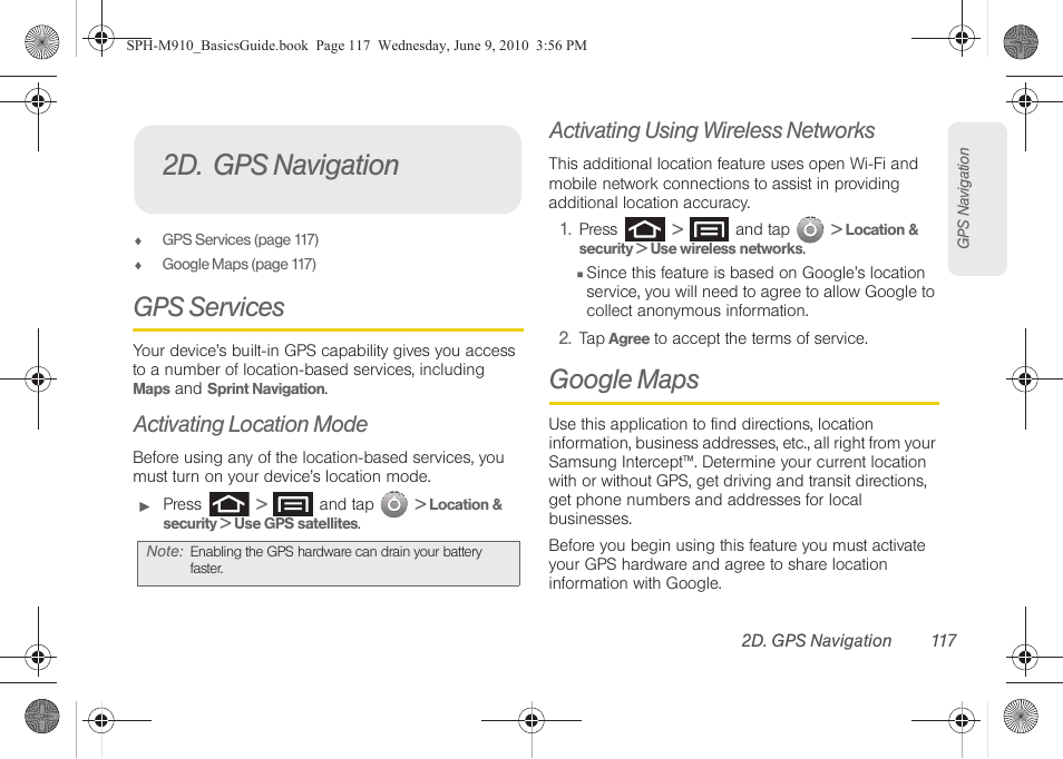 2d. gps navigation, Gps services, Activating location mode | Activating using wireless networks, Google maps | Samsung SPH-M810HAASPR User Manual | Page 129 / 157