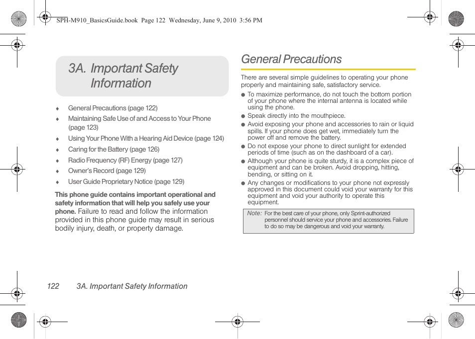 3a. important safety information, General precautions | Samsung SPH-M810HAASPR User Manual | Page 134 / 157