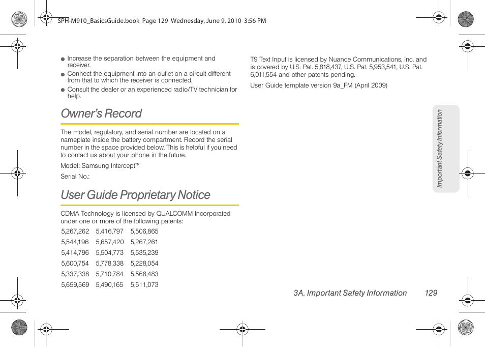 Owner’s record, User guide proprietary notice | Samsung SPH-M810HAASPR User Manual | Page 141 / 157