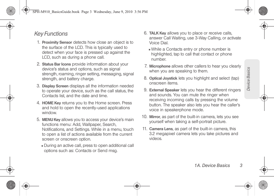 Key functions | Samsung SPH-M810HAASPR User Manual | Page 15 / 157