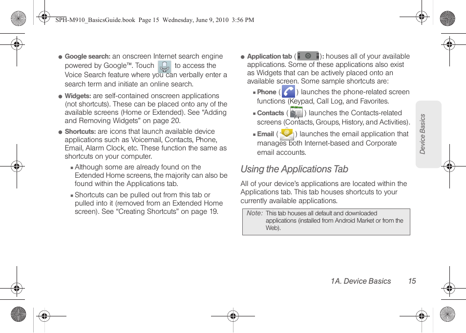 Using the applications tab | Samsung SPH-M810HAASPR User Manual | Page 27 / 157