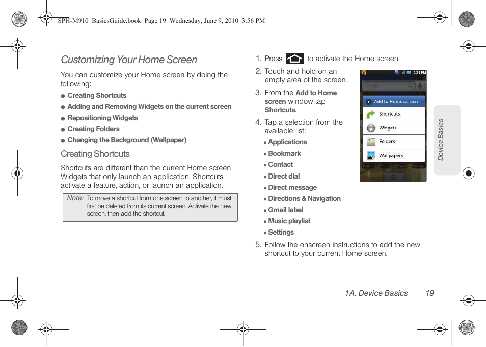 Customizing your home screen, Creating shortcuts | Samsung SPH-M810HAASPR User Manual | Page 31 / 157
