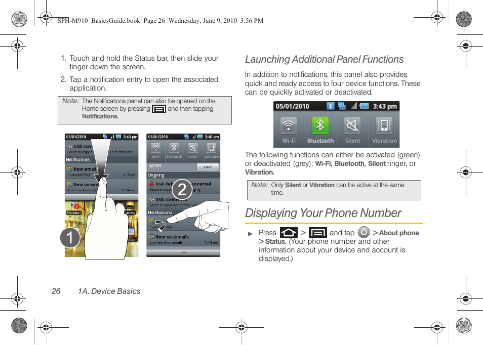 Launching additional panel functions, Displaying your phone number | Samsung SPH-M810HAASPR User Manual | Page 38 / 157