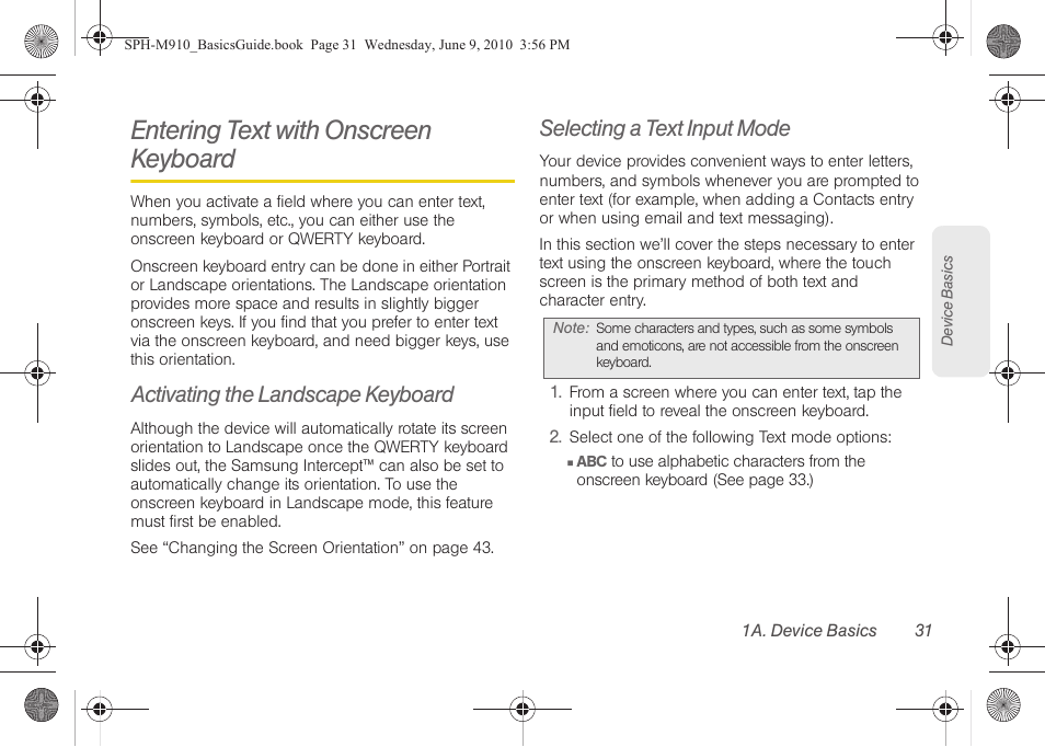 Entering text with onscreen keyboard, Activating the landscape keyboard, Selecting a text input mode | Samsung SPH-M810HAASPR User Manual | Page 43 / 157