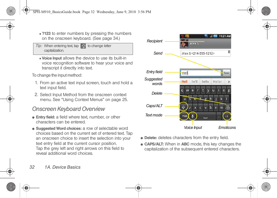 Onscreen keyboard overview | Samsung SPH-M810HAASPR User Manual | Page 44 / 157