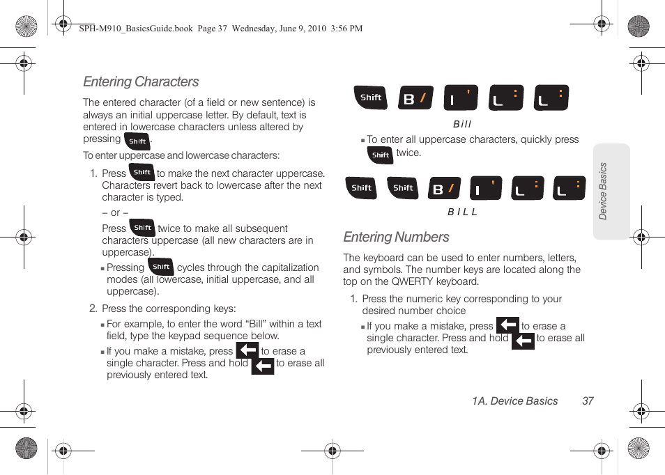 Entering characters, Entering numbers | Samsung SPH-M810HAASPR User Manual | Page 49 / 157