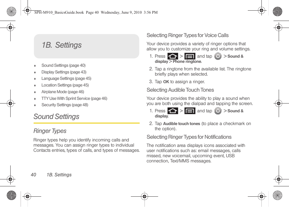 1b. settings, Sound settings, Ringer types | Samsung SPH-M810HAASPR User Manual | Page 52 / 157