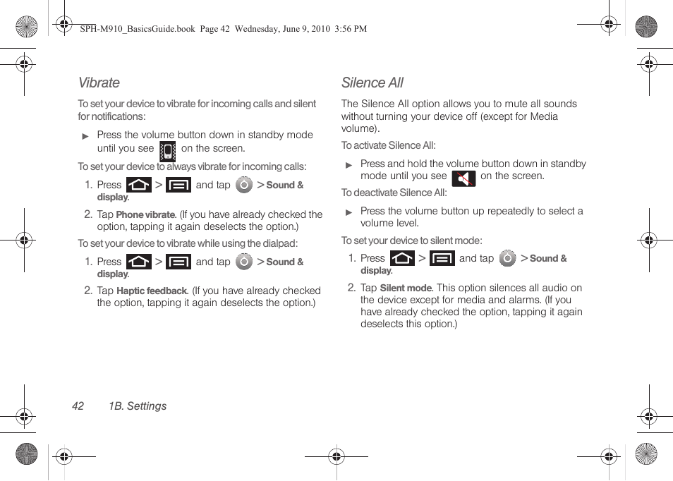 Vibrate, Silence all | Samsung SPH-M810HAASPR User Manual | Page 54 / 157