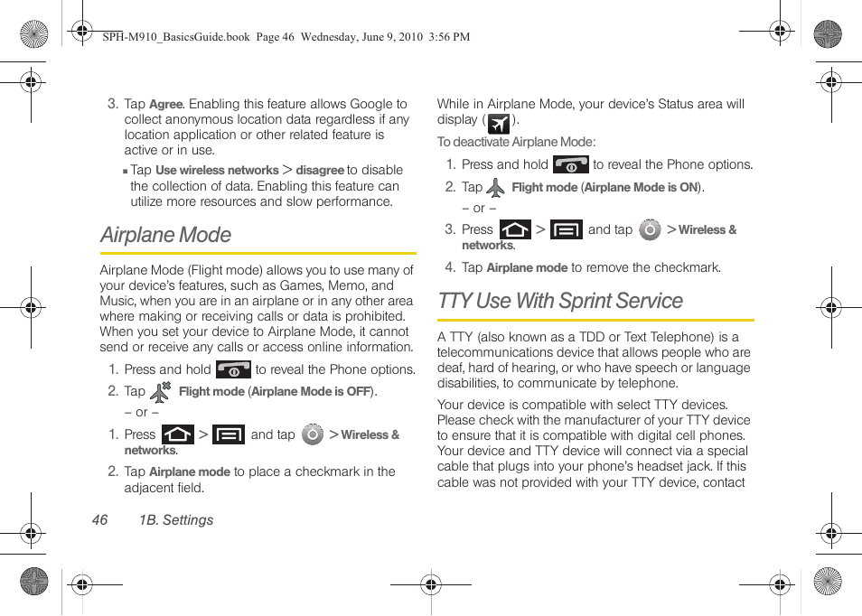 Airplane mode, Tty use with sprint service | Samsung SPH-M810HAASPR User Manual | Page 58 / 157