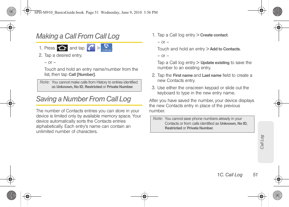 Making a call from call log, Saving a number from call log | Samsung SPH-M810HAASPR User Manual | Page 63 / 157