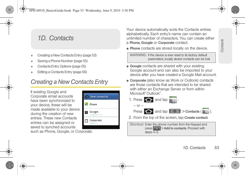 1d. contacts, Creating a new contacts entry | Samsung SPH-M810HAASPR User Manual | Page 65 / 157