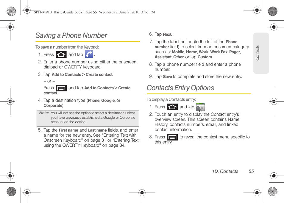 Saving a phone number, Contacts entry options | Samsung SPH-M810HAASPR User Manual | Page 67 / 157