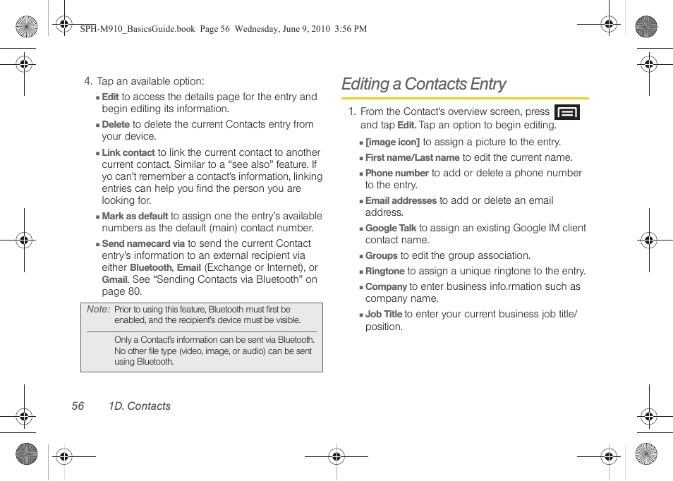 Editing a contacts entry | Samsung SPH-M810HAASPR User Manual | Page 68 / 157