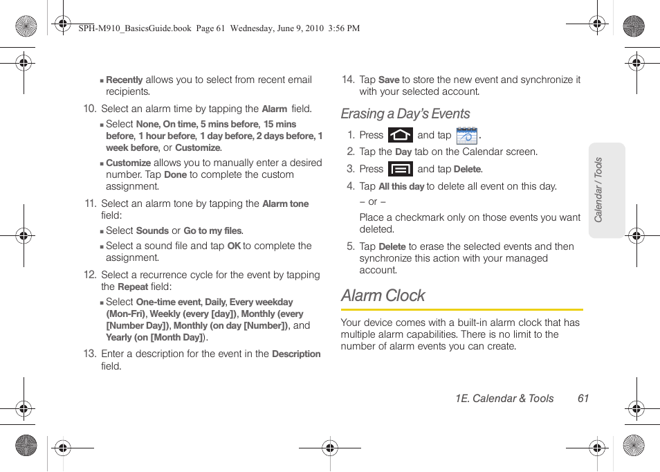 Erasing a day’s events, Alarm clock | Samsung SPH-M810HAASPR User Manual | Page 73 / 157