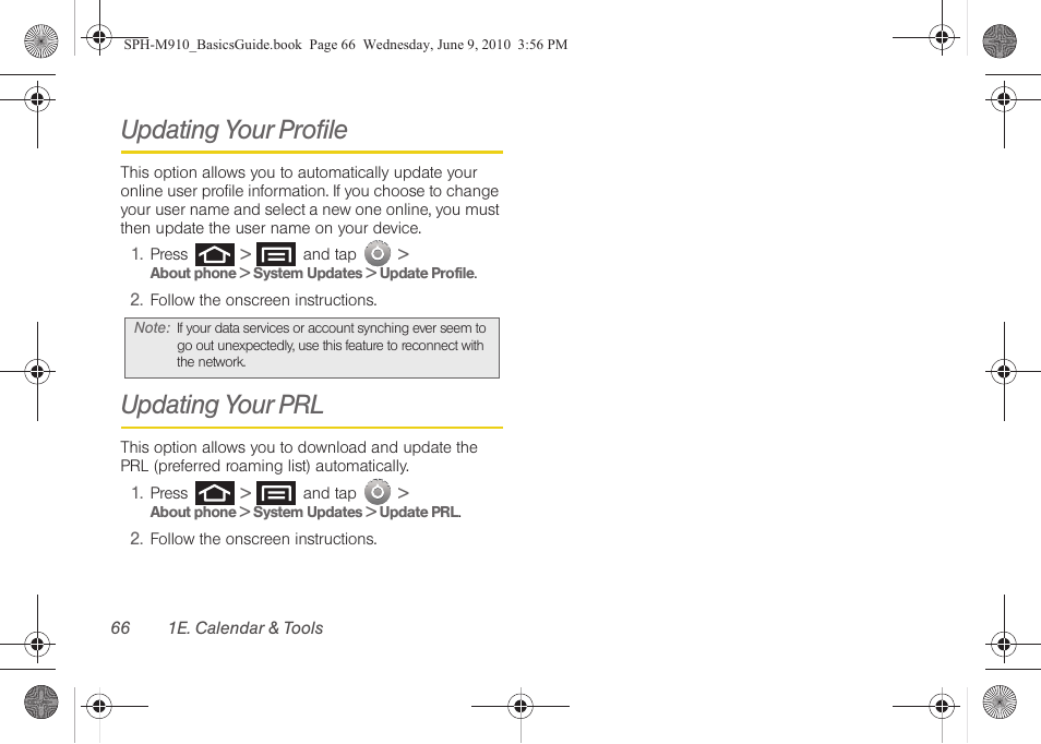 Updating your profile, Updating your prl | Samsung SPH-M810HAASPR User Manual | Page 78 / 157