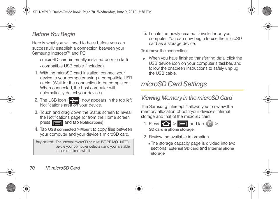 Before you begin, Microsd card settings, Viewing memory in the microsd card | Samsung SPH-M810HAASPR User Manual | Page 82 / 157