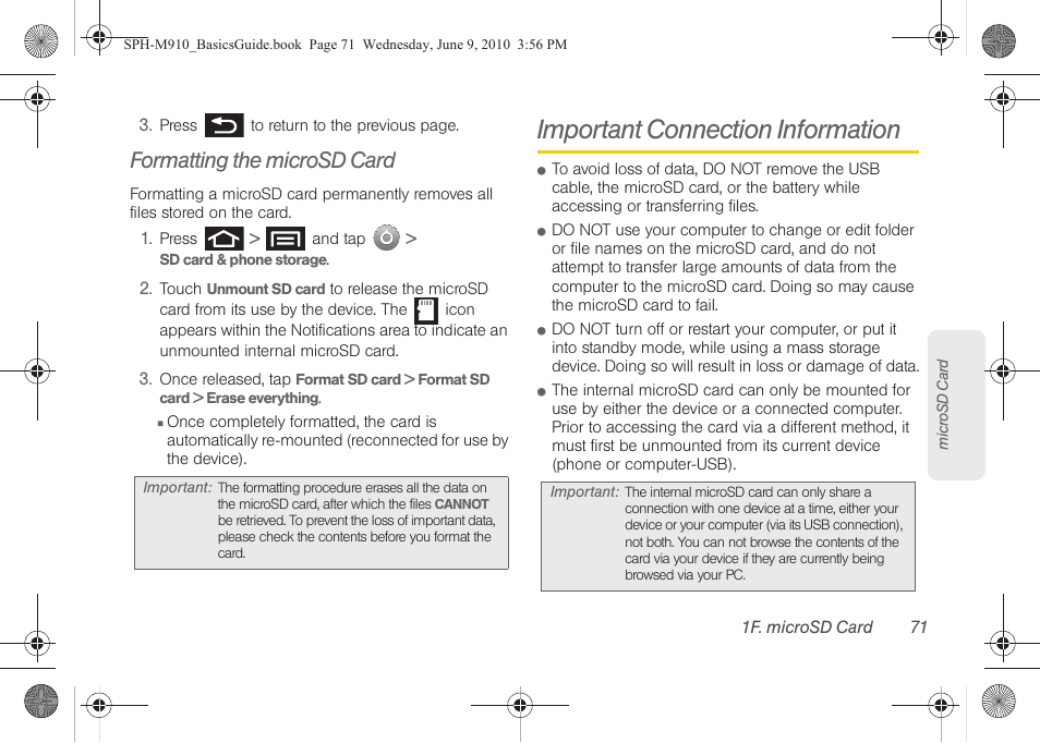 Formatting the microsd card, Important connection information | Samsung SPH-M810HAASPR User Manual | Page 83 / 157