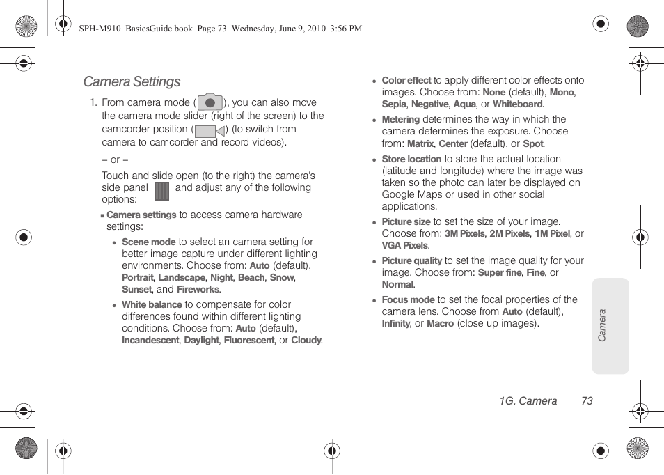 Camera settings | Samsung SPH-M810HAASPR User Manual | Page 85 / 157