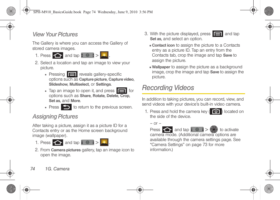 View your pictures, Assigning pictures, Recording videos | Samsung SPH-M810HAASPR User Manual | Page 86 / 157