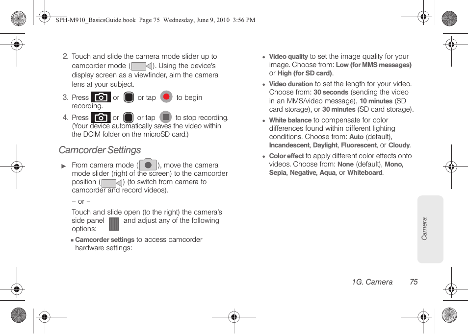 Camcorder settings | Samsung SPH-M810HAASPR User Manual | Page 87 / 157