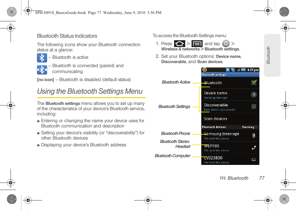 Using the bluetooth settings menu | Samsung SPH-M810HAASPR User Manual | Page 89 / 157