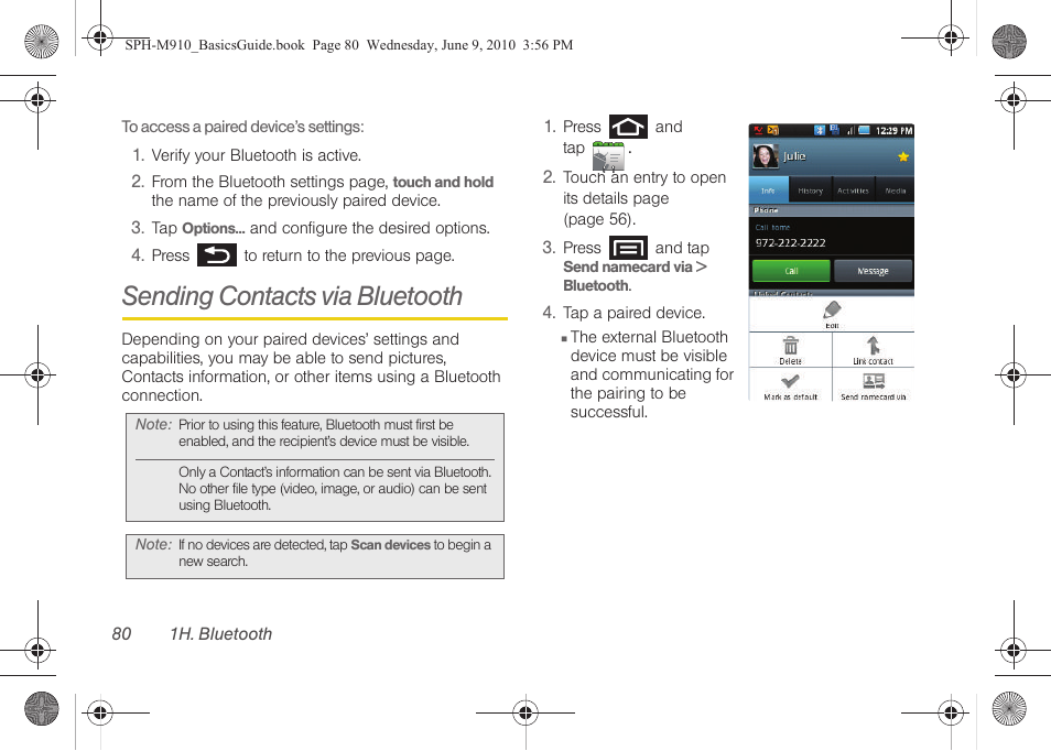 Sending contacts via bluetooth | Samsung SPH-M810HAASPR User Manual | Page 92 / 157