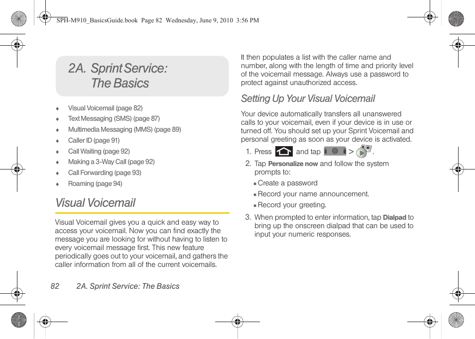 2a. sprint service: the basics, Visual voicemail, Setting up your visual voicemail | Samsung SPH-M810HAASPR User Manual | Page 94 / 157