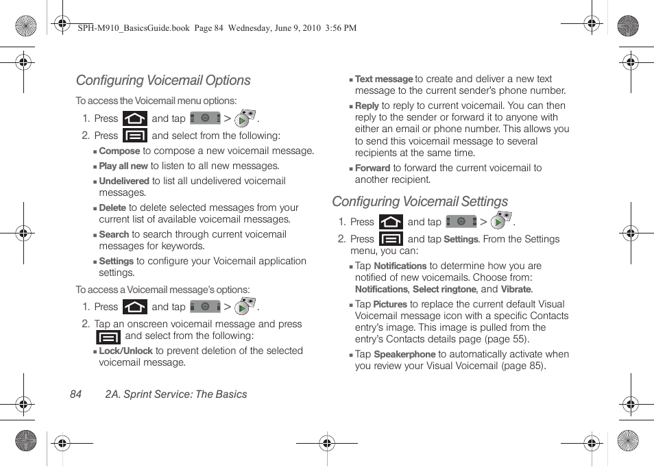 Configuring voicemail options, Configuring voicemail settings | Samsung SPH-M810HAASPR User Manual | Page 96 / 157