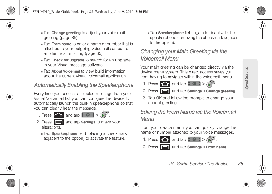 Automatically enabling the speakerphone, Changing your main greeting via the voicemail menu, Editing the from name via the voicemail menu | Samsung SPH-M810HAASPR User Manual | Page 97 / 157