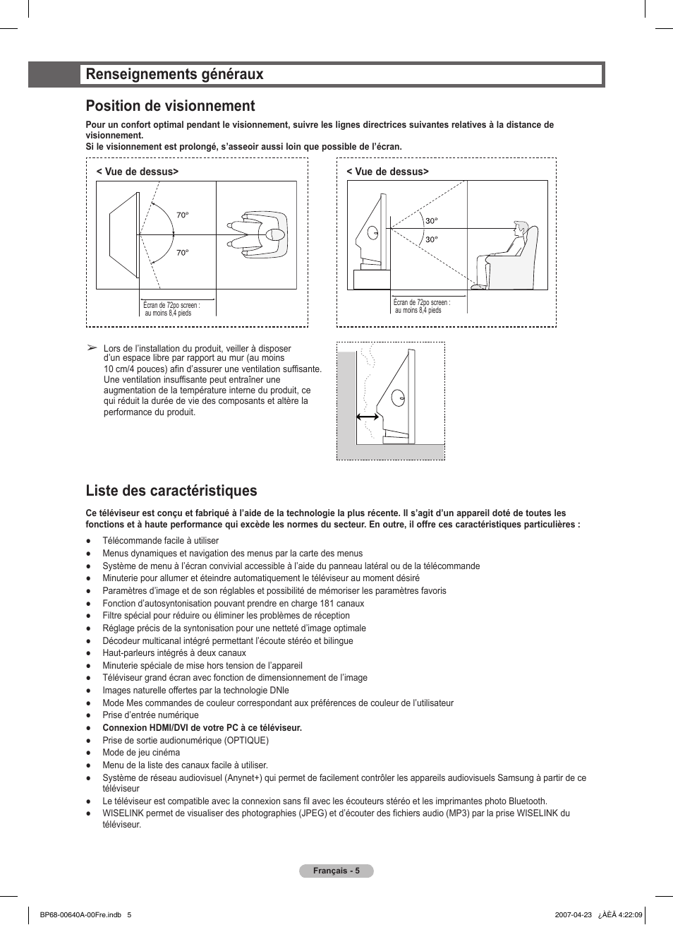 Renseignements généraux position de visionnement, Liste des caractéristiques | Samsung HLT7288WX-XAA User Manual | Page 100 / 276