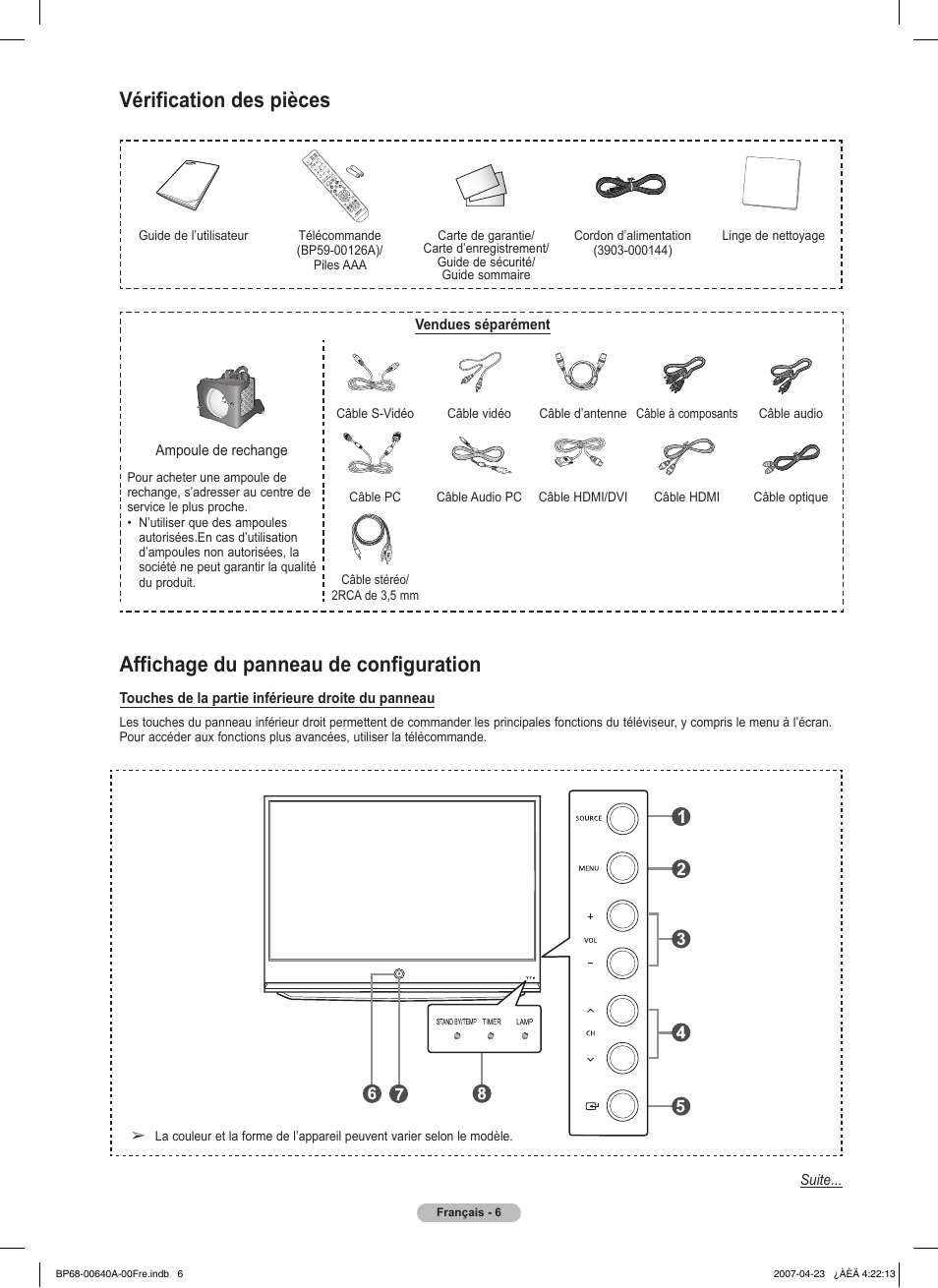 Affichage du panneau de configuration, Vérification des pièces | Samsung HLT7288WX-XAA User Manual | Page 101 / 276