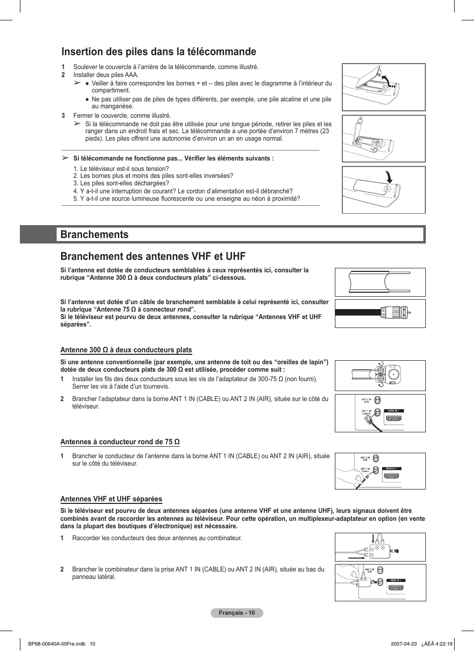 Insertion des piles dans la télécommande, Branchements branchement des antennes vhf et uhf | Samsung HLT7288WX-XAA User Manual | Page 105 / 276