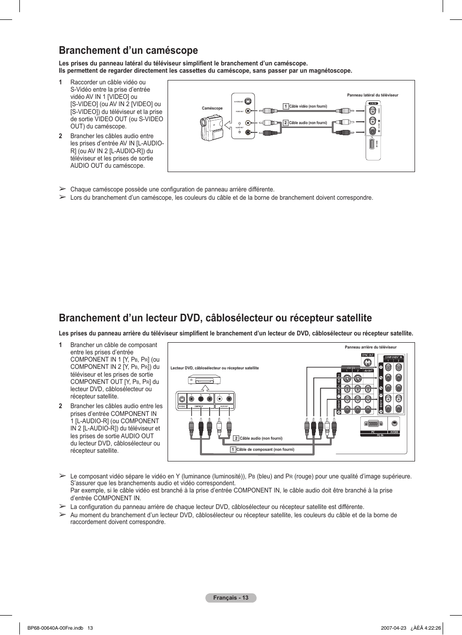 Branchement d’un caméscope | Samsung HLT7288WX-XAA User Manual | Page 108 / 276