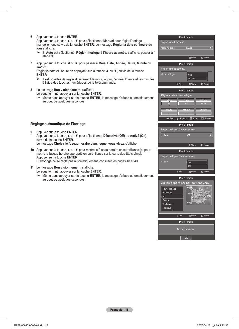 Réglage automatique de l’horloge | Samsung HLT7288WX-XAA User Manual | Page 113 / 276