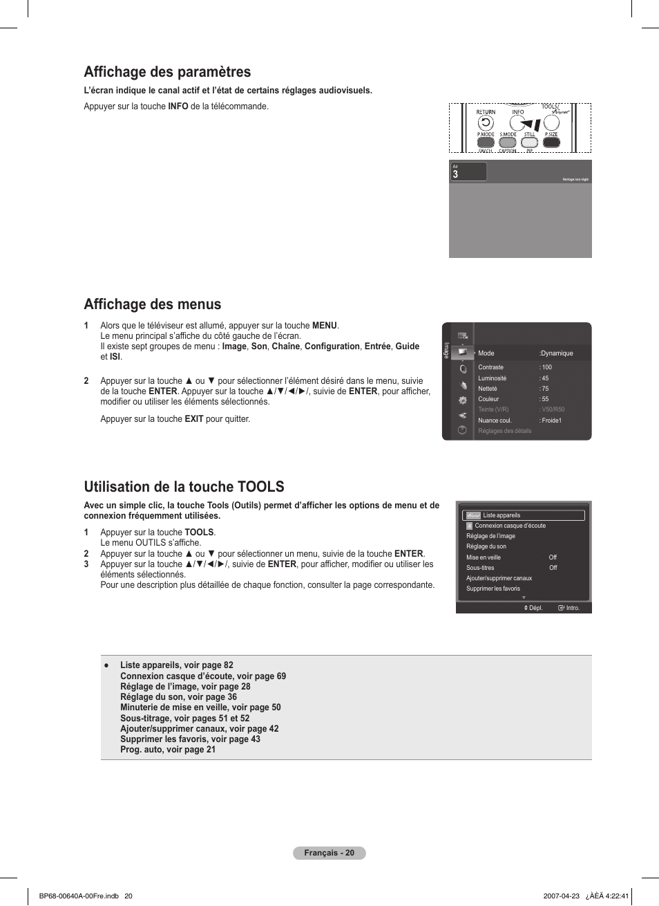 Affichage des paramètres, Affichage des menus, Utilisation de la touche tools | Samsung HLT7288WX-XAA User Manual | Page 115 / 276