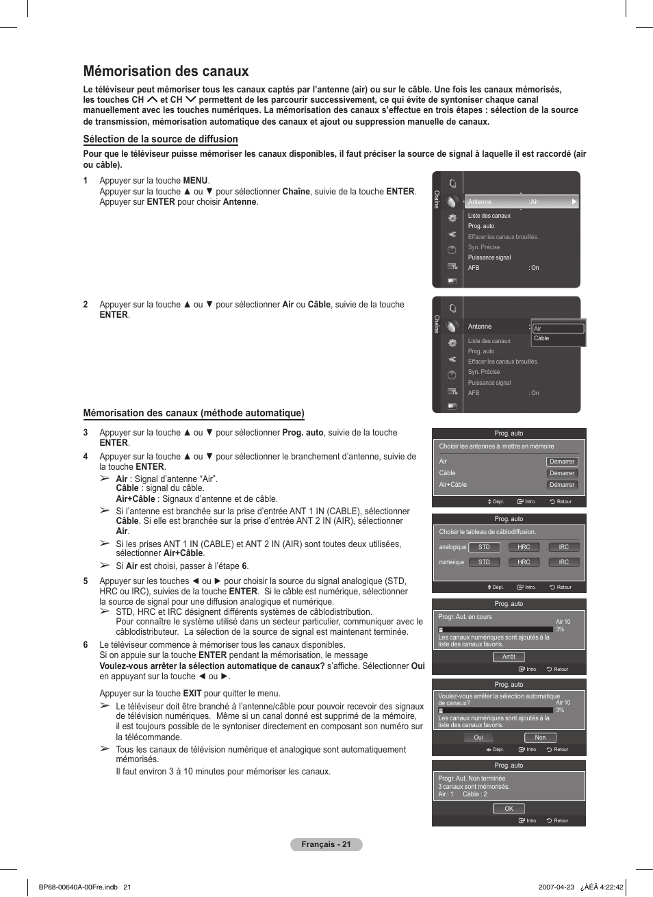 Mémorisation des canaux, Sélection de la source de diffusion, Mémorisation des canaux (méthode automatique) | Samsung HLT7288WX-XAA User Manual | Page 116 / 276